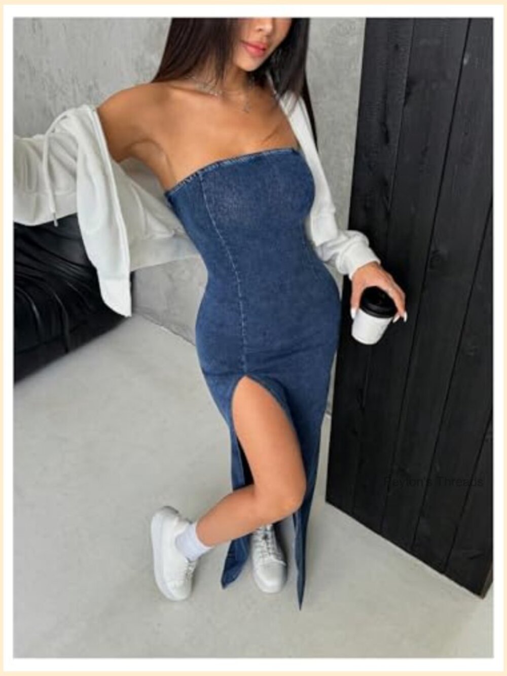 Strapless Denim Tube Dress Bodycon Maxi High Slit - Picture 4 of 5